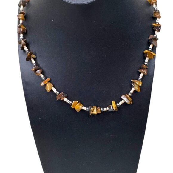 Vintage Heishi Beaded Tigers Eye & Shell Bead Necklace Southwest Barrel Clasp - Picture 1 of 7